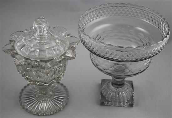 A cut glass pedestal comport & a glass sweetmeat jar and cover, c.1830, 21.5cm. and 23.5cm.